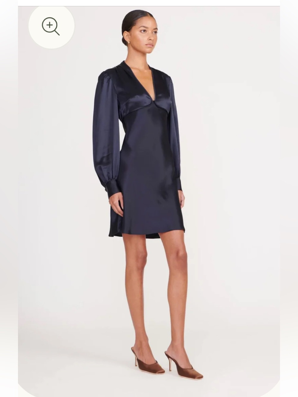 STAUD Navy Satin V-Neck Long-Sleeve Mini Dress - Picture 3 of 10